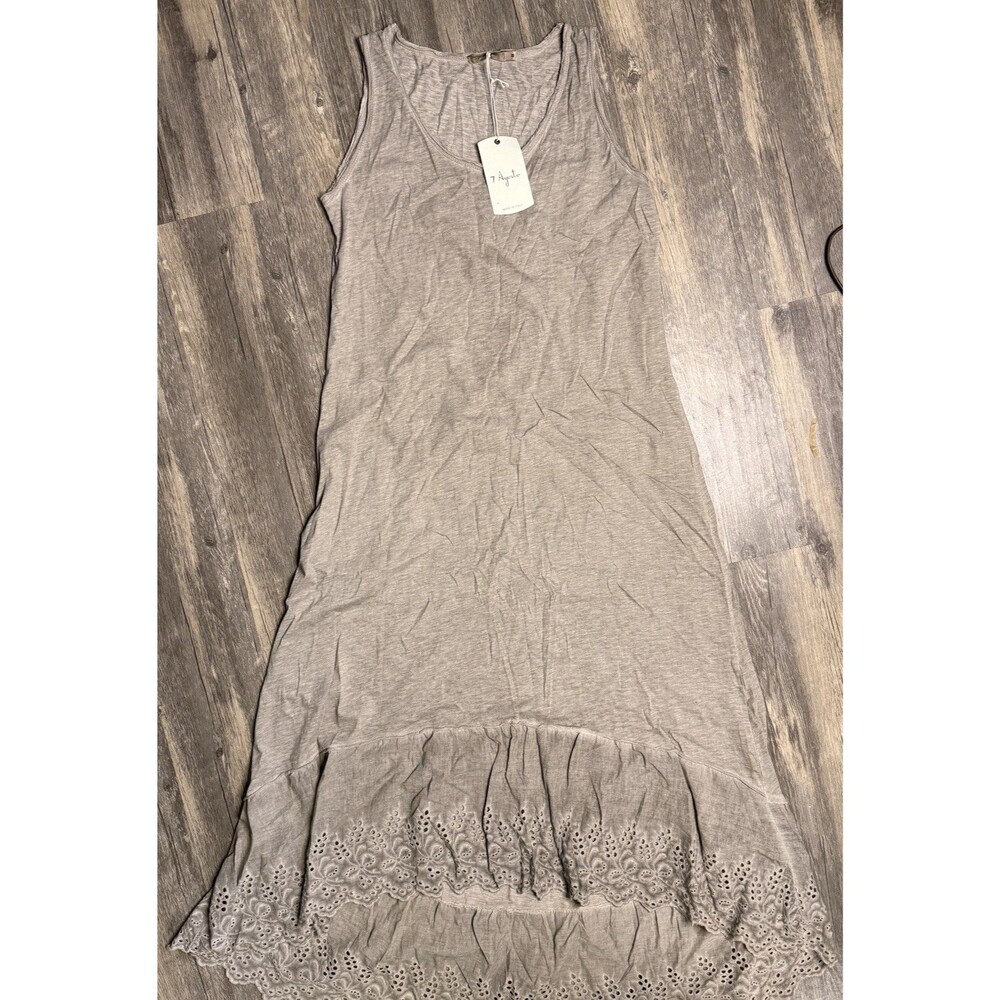 7 Agosto Dress M NWT Made Italy Taupe Eyelet High Low Lagenlook Boho Cottagecore